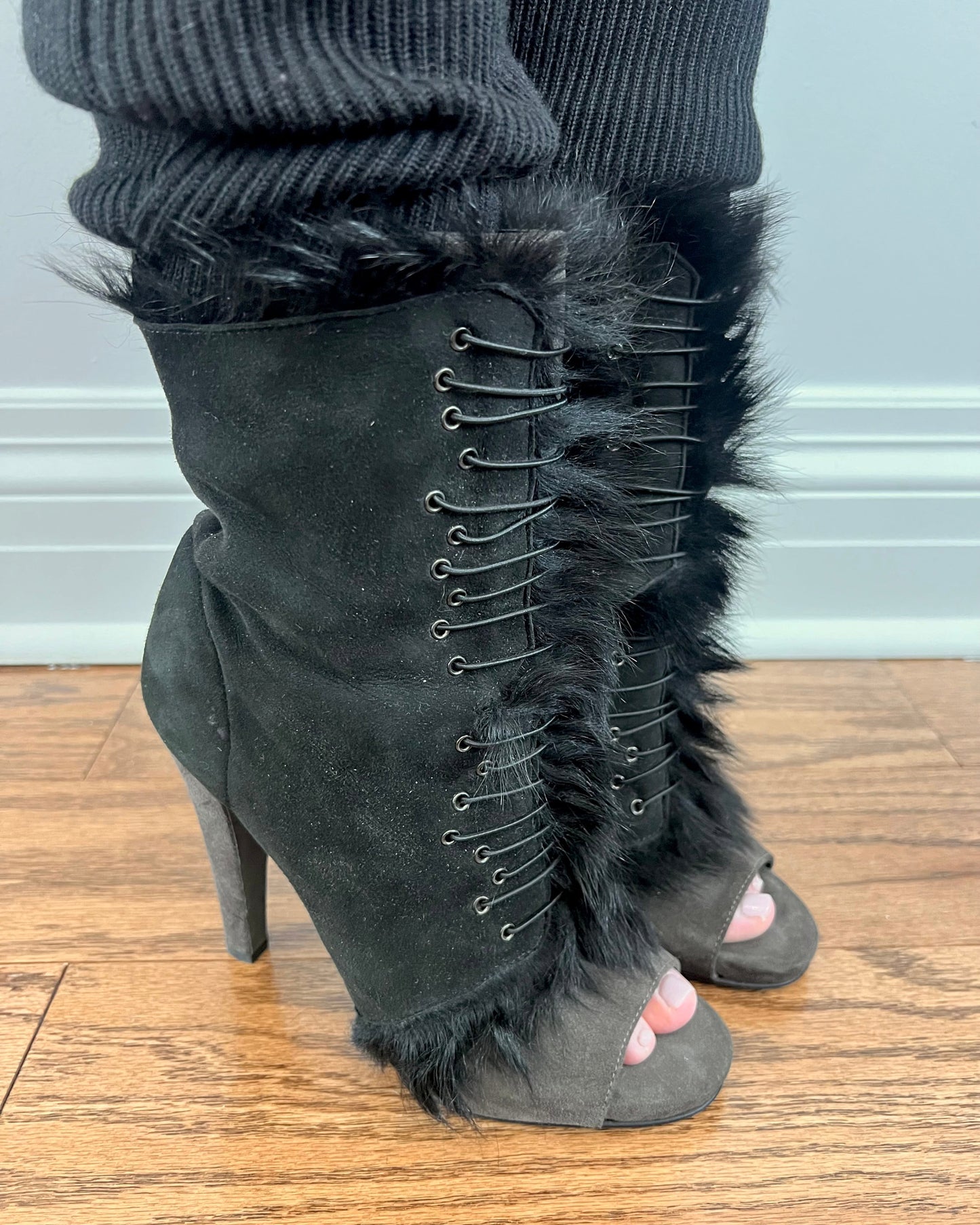 Genuine Fur & Suede Peep Toe Heeled Boots