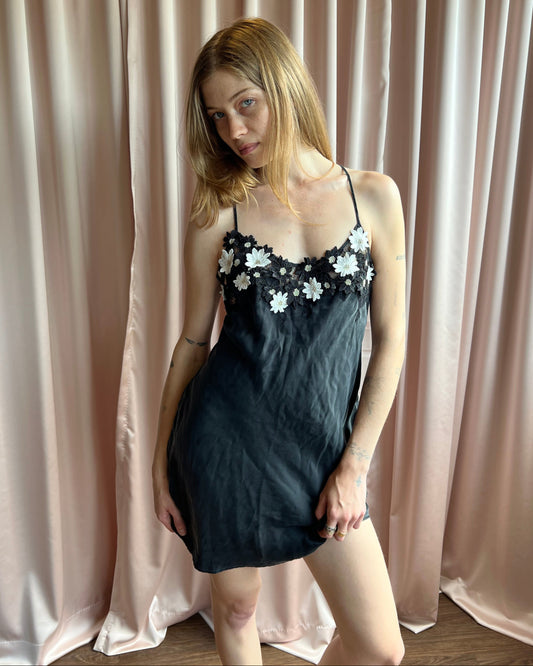 Floral Appliqué Black Silk Slip Dress