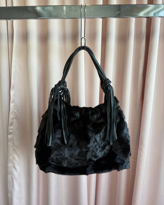 Black Mink Fur & Fringe Leather Handbag
