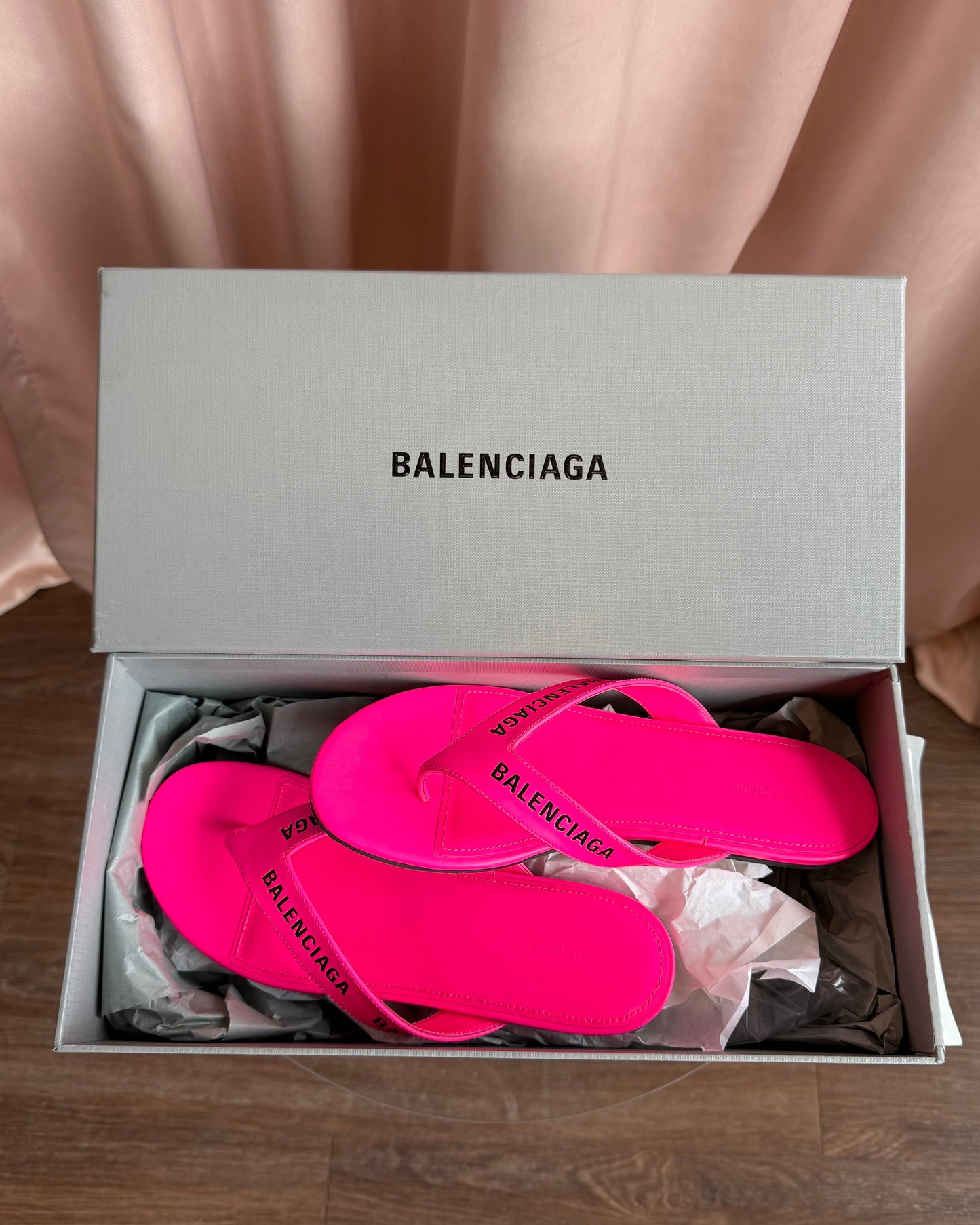 Balenciaga Logo Printed Neon Pink Leather Flip Flop Thong Sandals