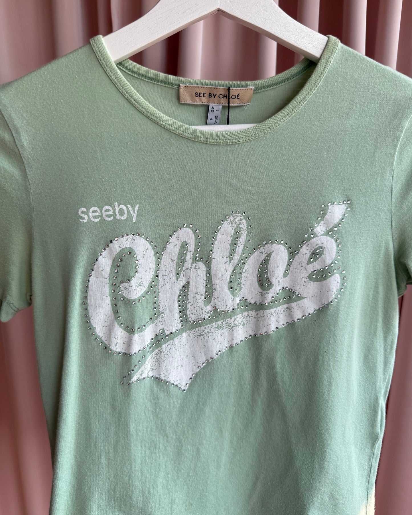 See by Chloé Rhinestone Logo Mint T-Shirt