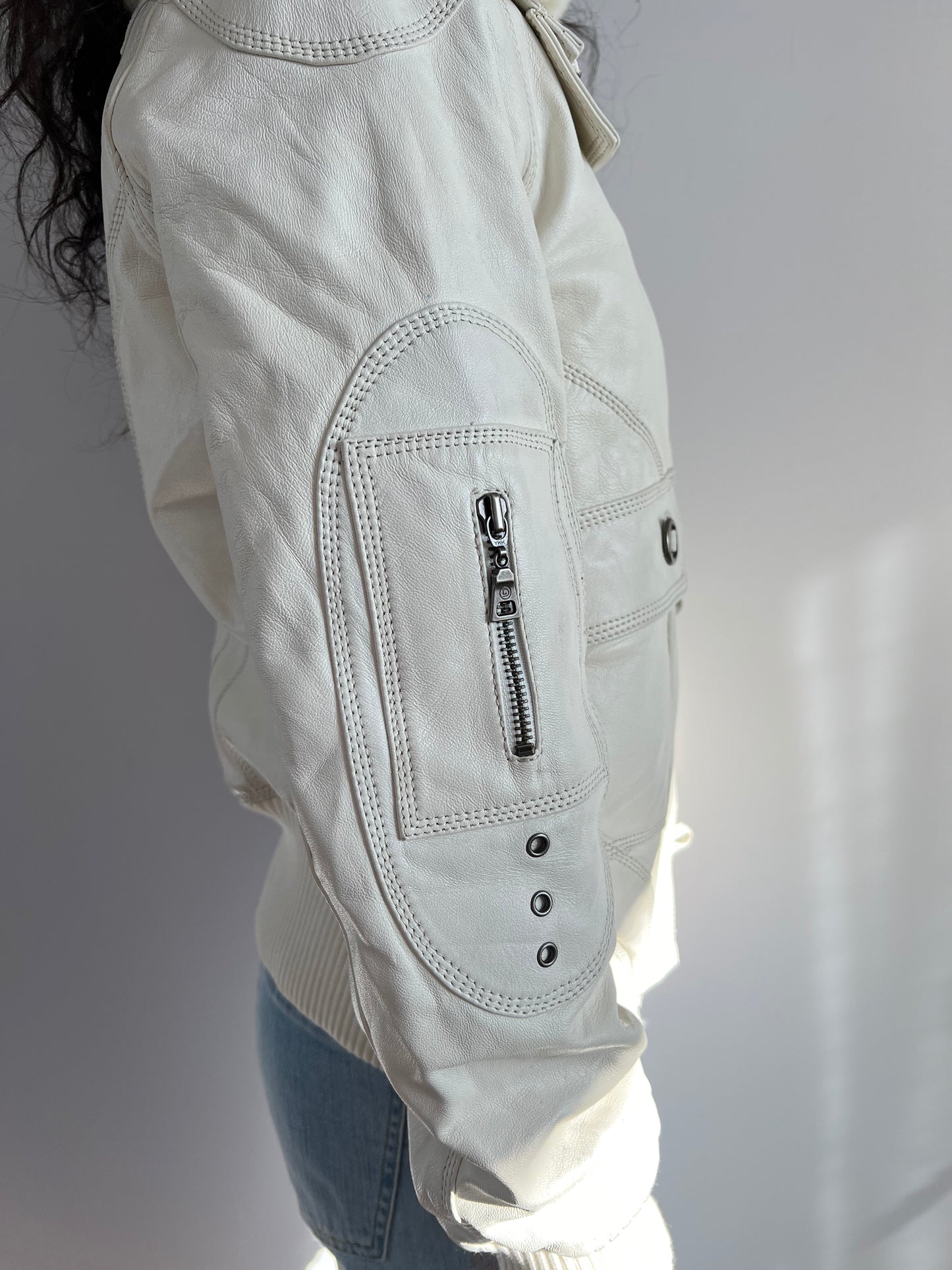 White Rabbit Fur Collar Leather Bomber Jacket