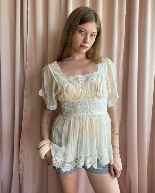 French Designer Silk & Cotton Babydoll Top