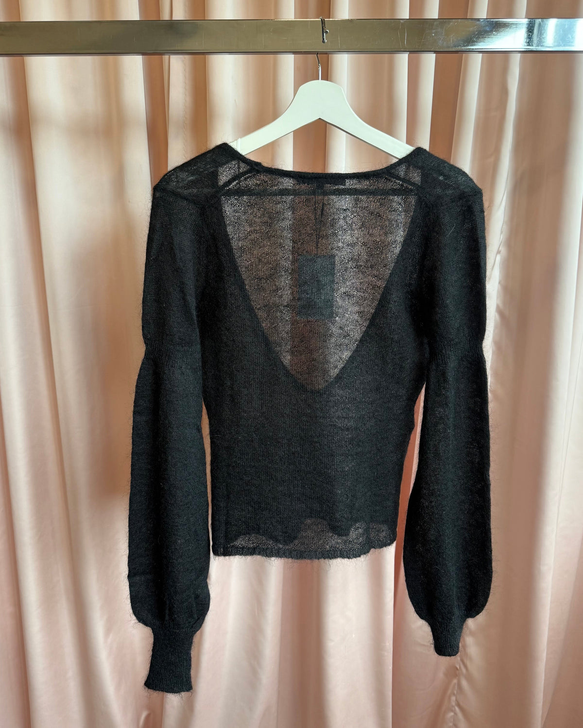 Japanese Brand Black Mohair Ultra Low V-Neck Bishop Sleeve Sweater