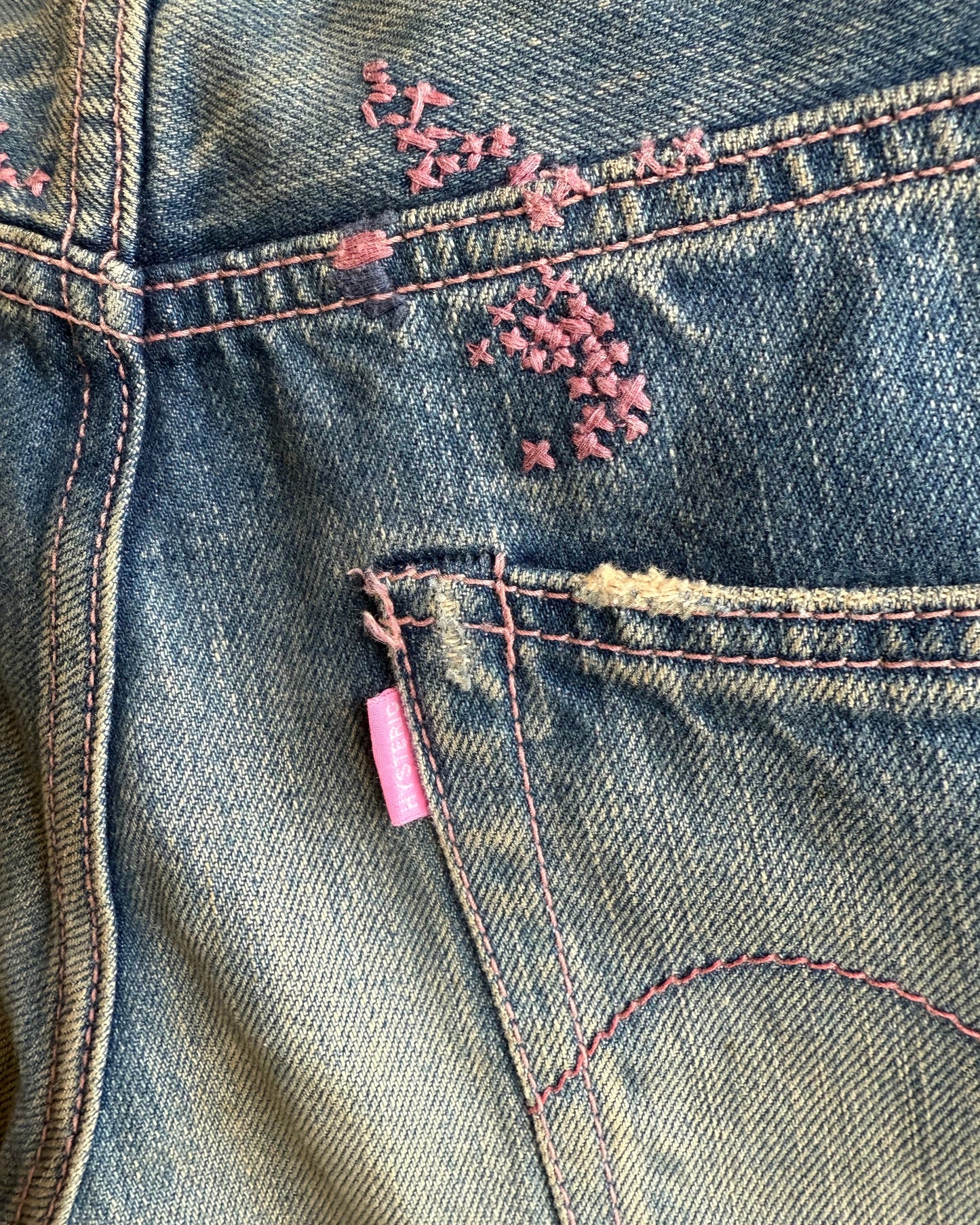 Hysteric Glamour "Love Buzz" Pink Contrast Stitch Embroidered Distressed Denim