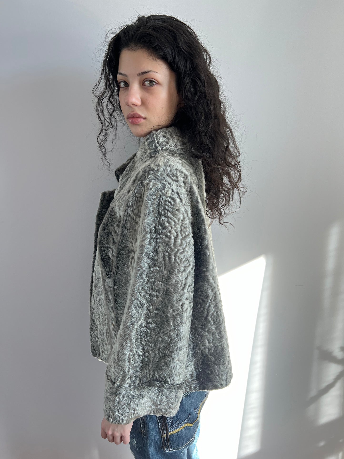 Grey Faux Lamb Fur Jaket