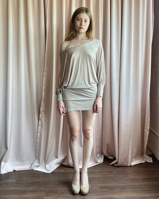 Tan Off Shoulder Batwing Jersey Mini Dress