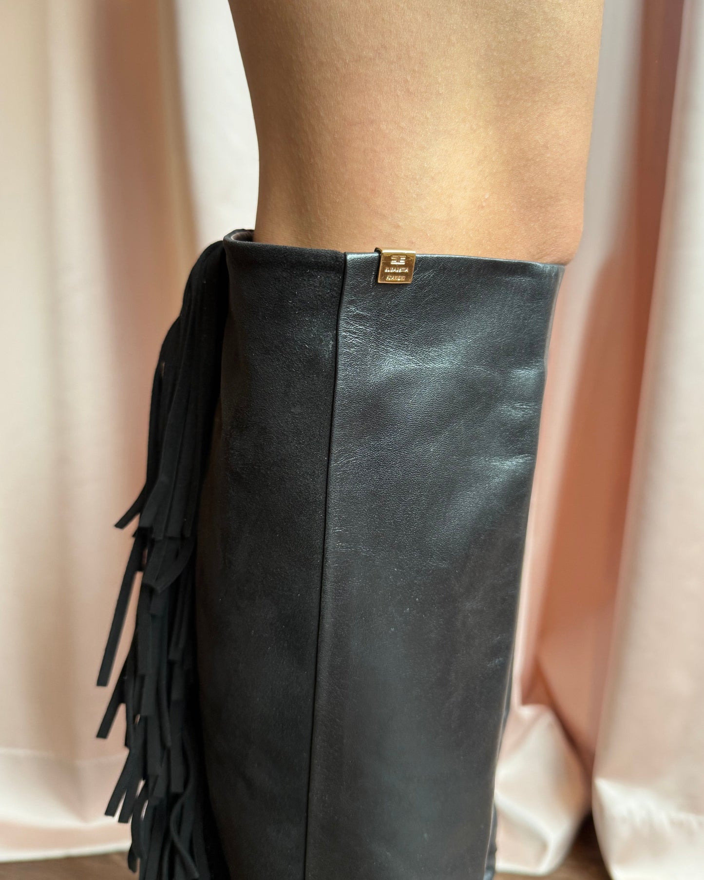 Italian Designer Black Suede & Leather Fringe Boots