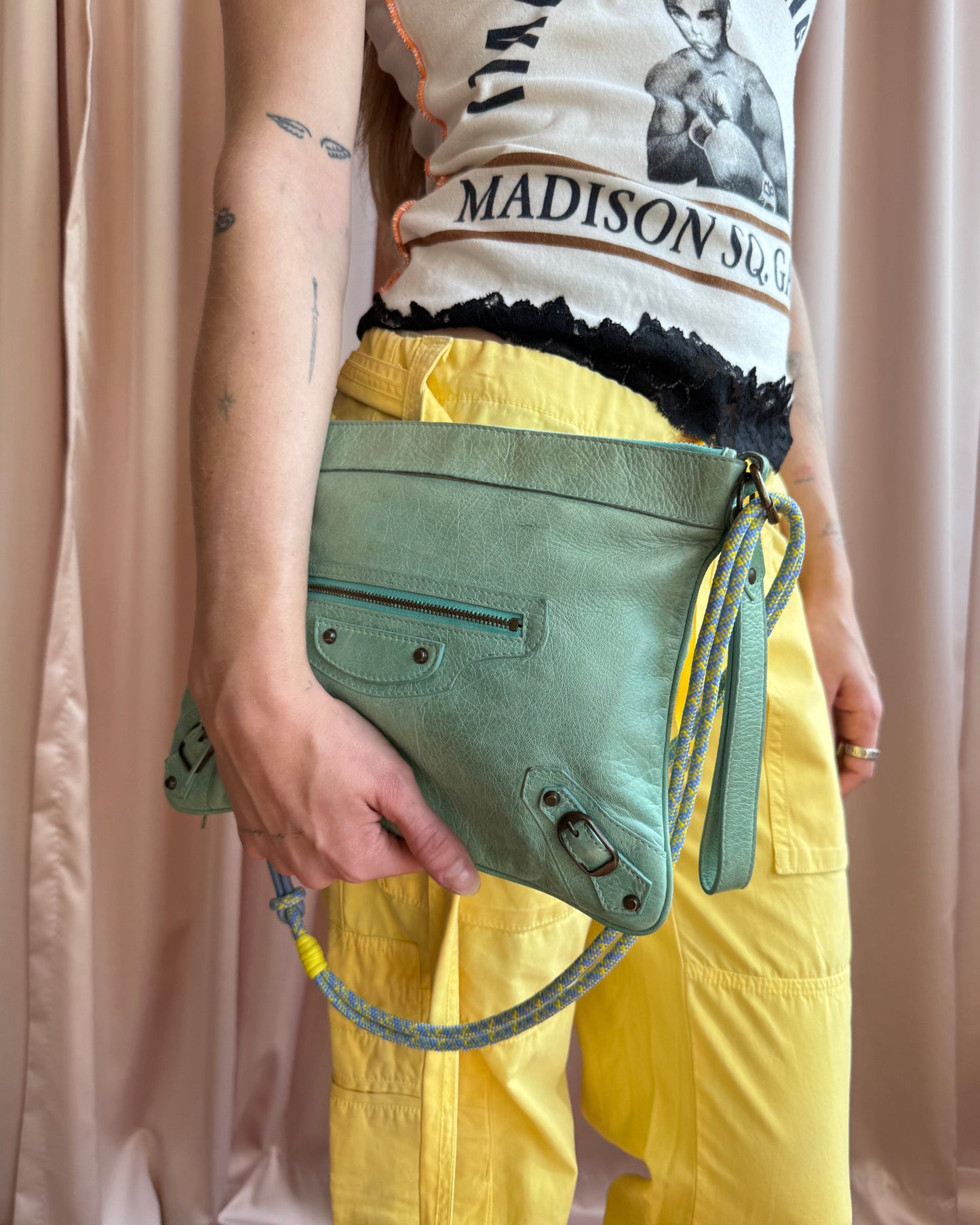 Balenciaga Mint Green Leather Wristlet Clutch