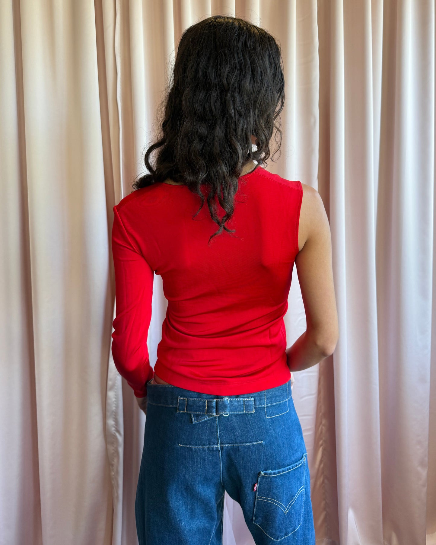 Helmut Lang Asymmetrical Single Sleeve Red Top