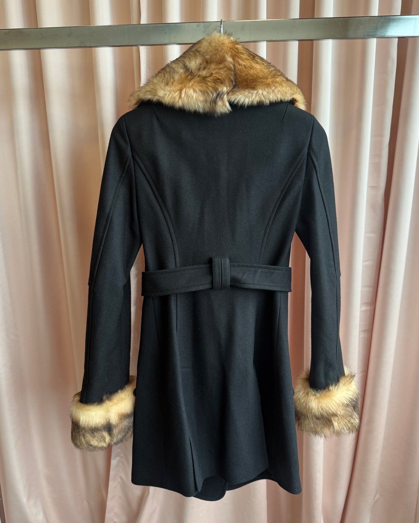 Patrizia Pepe Faux Fur Trim Double Breasted Black Wool Coat