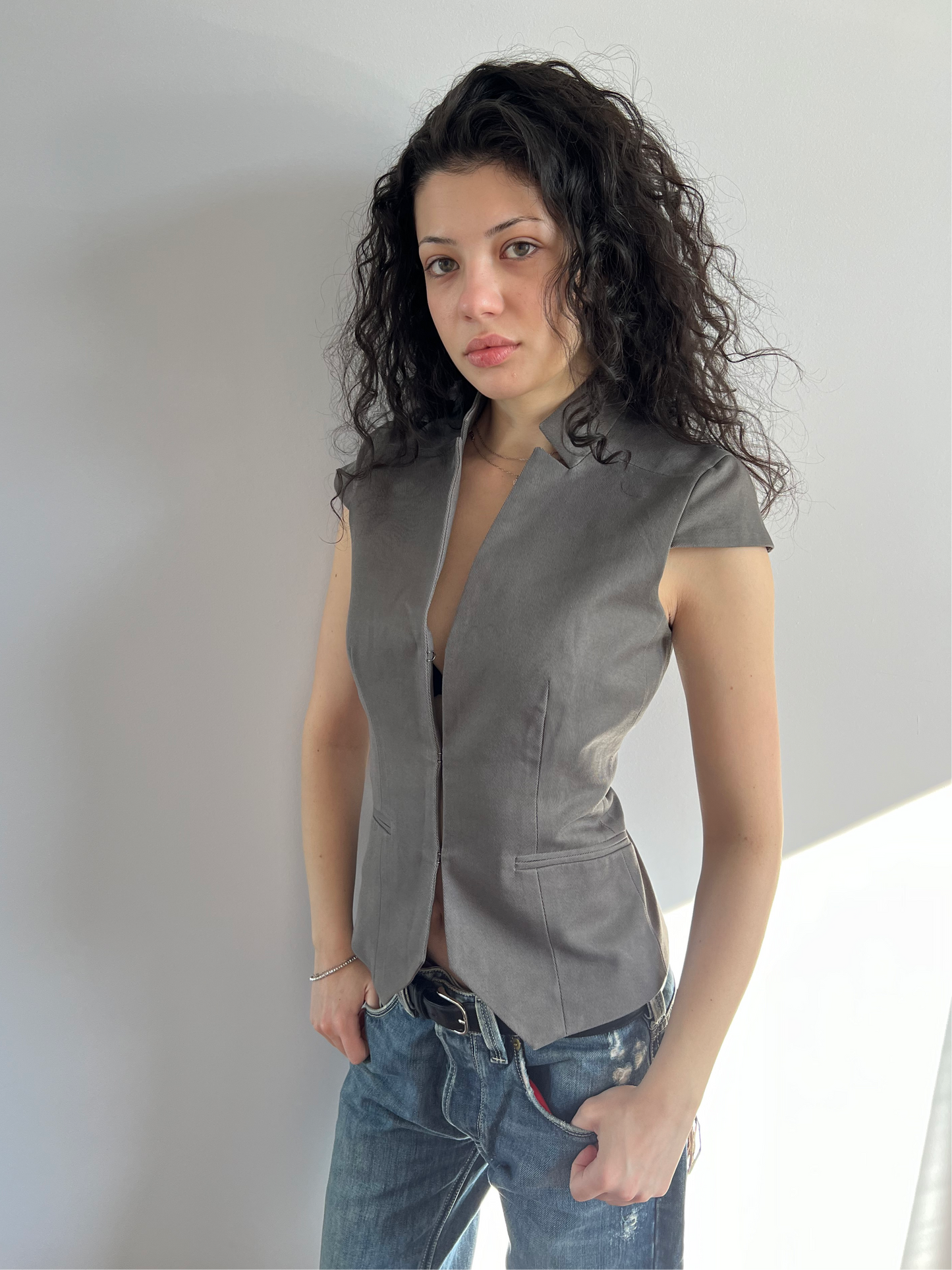 Grey Short Sleeve Structured Top