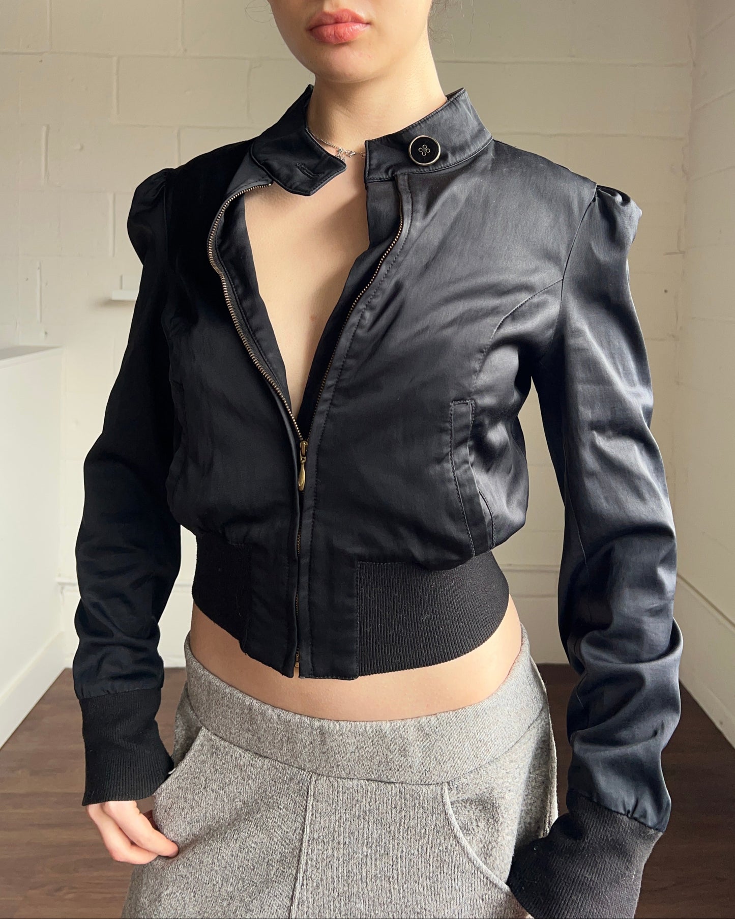 Black Cropped Puff Sleeve Zip Up Jacket
