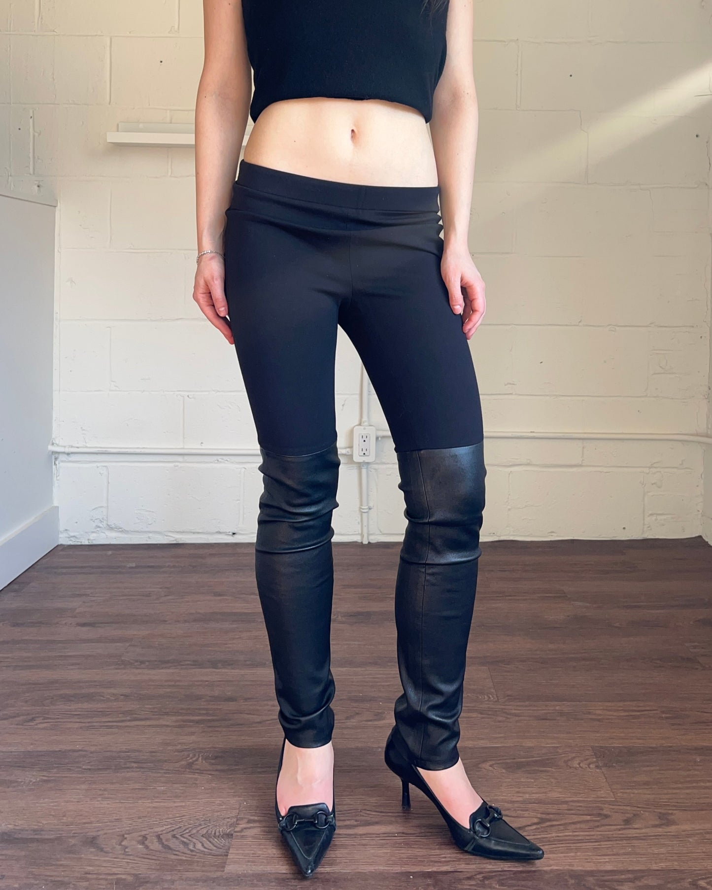 Lamb Leather Panel Black Leggings