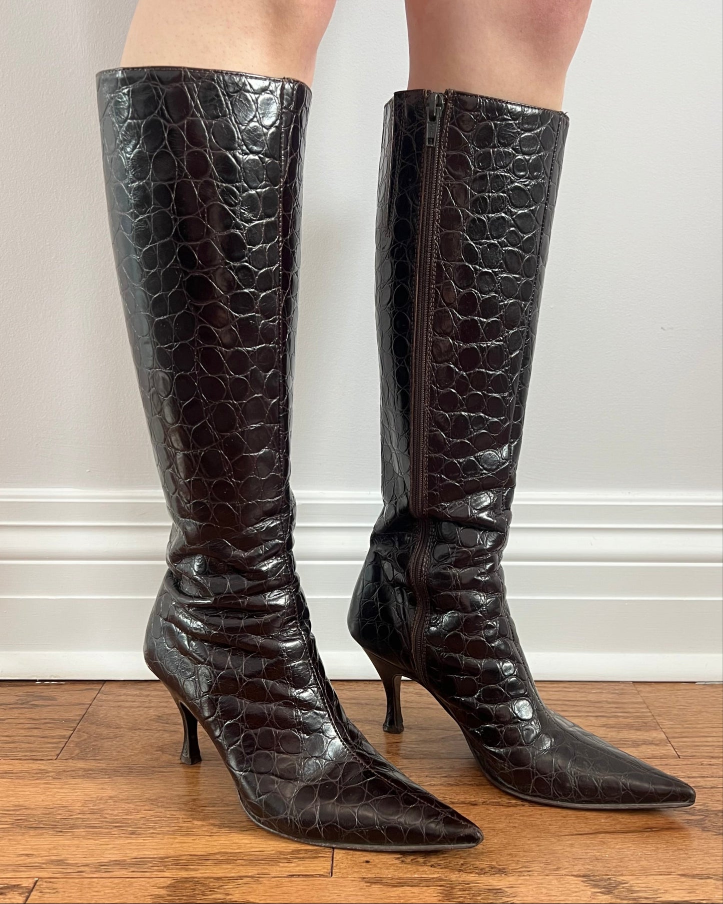 Dark Brown Embossed Genuine Leather Stiletto Boots