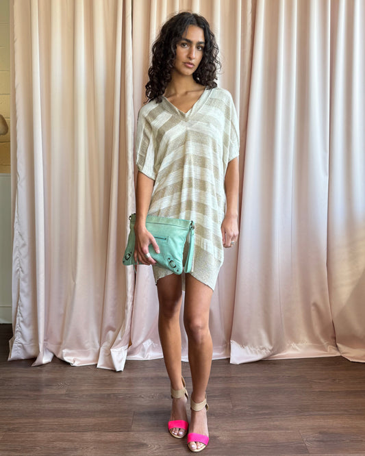 Japanese Brand Shimmer Striped Knit V-Neck Mini Dress