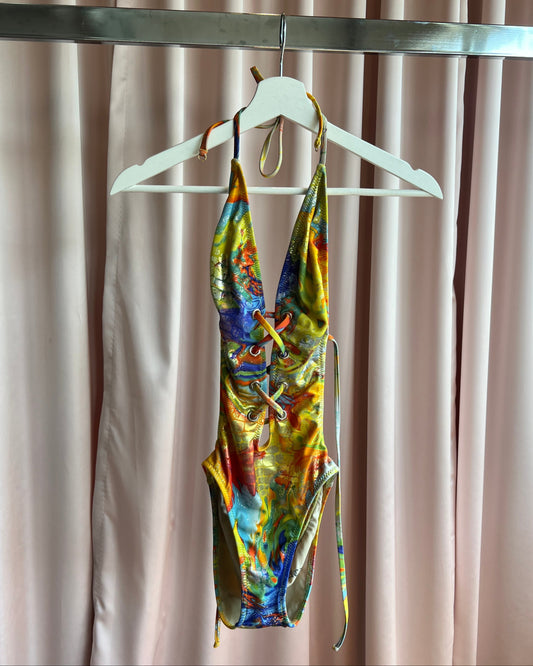 Multicoloured Metallic Lace Up Monokini