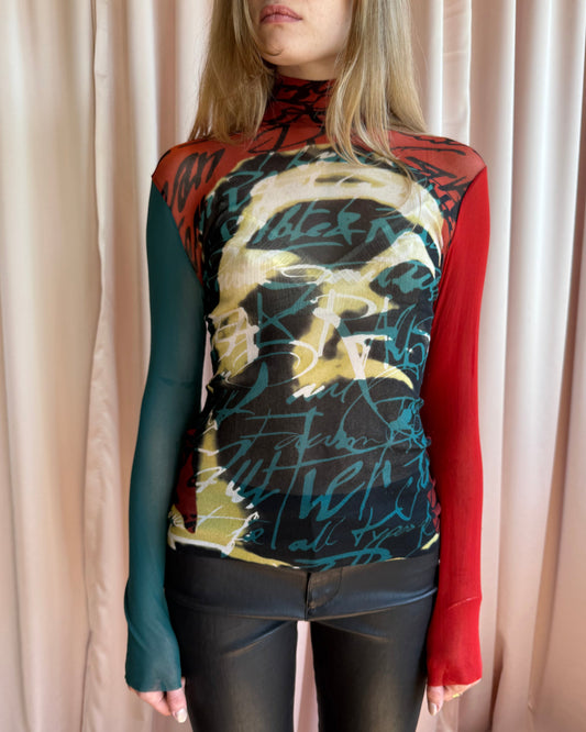 Jean Paul Gaultier F/W 1997 Printed Mesh Turtleneck Long Sleeve Top