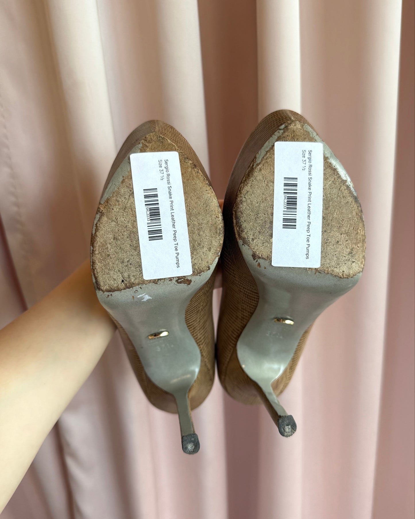 Sergio Rossi Snake Print Leather Peep Toe Pumps