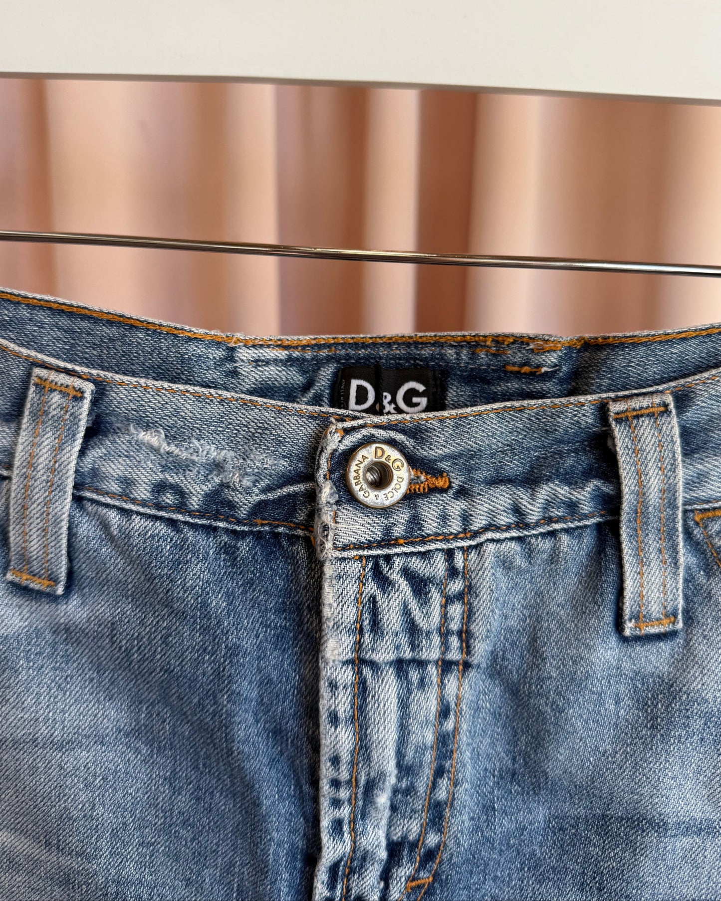 D&G S/S 2005 Logo Patch Distressed Denim Mini Skirt