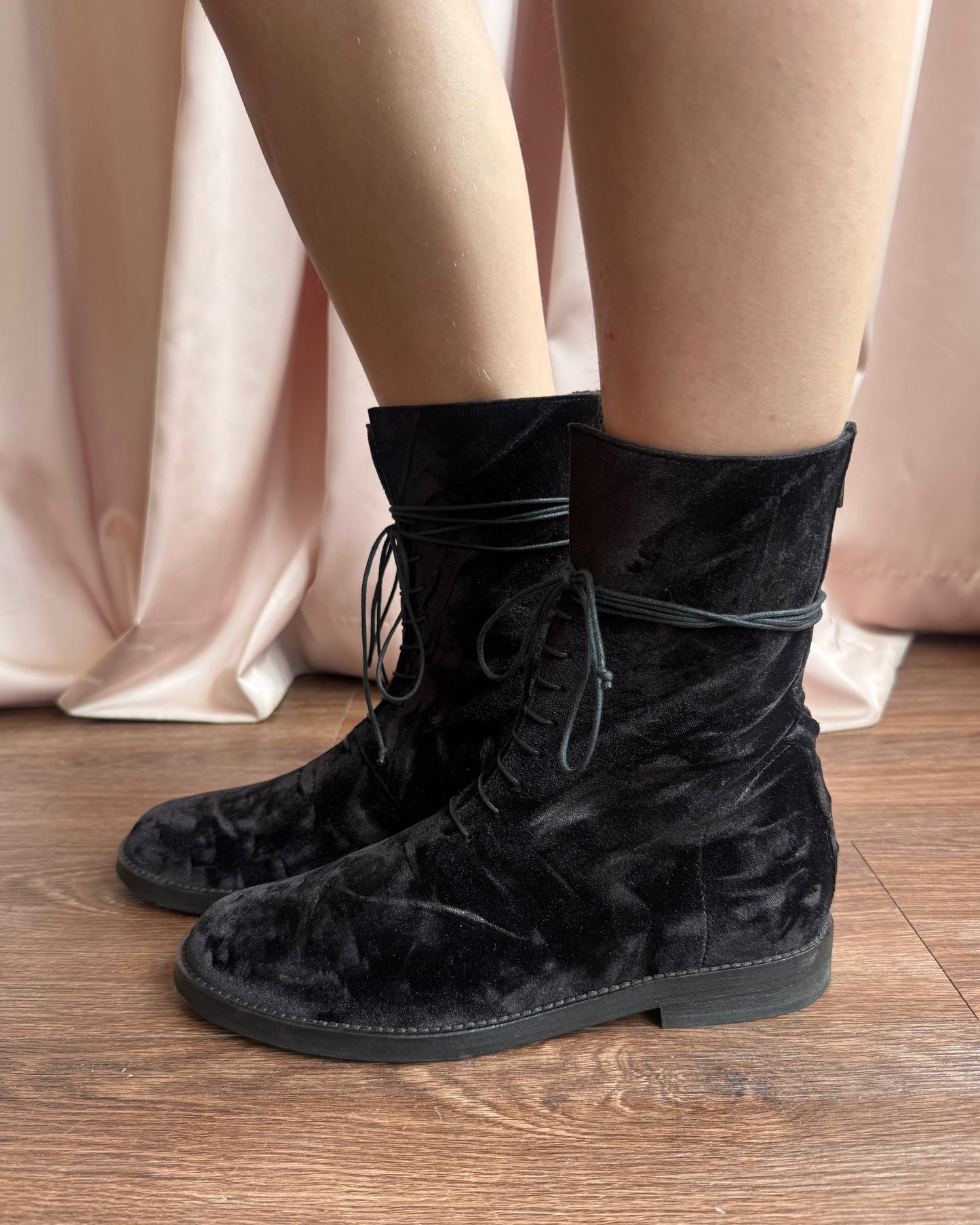Ann Demeulemeester Black Velvet Laced Combat Boots