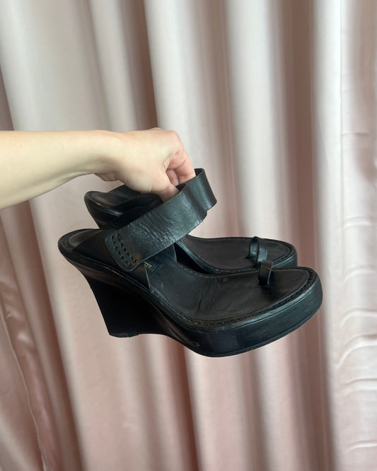 Ann Demeulemeester Black Leather Wedge Sandals