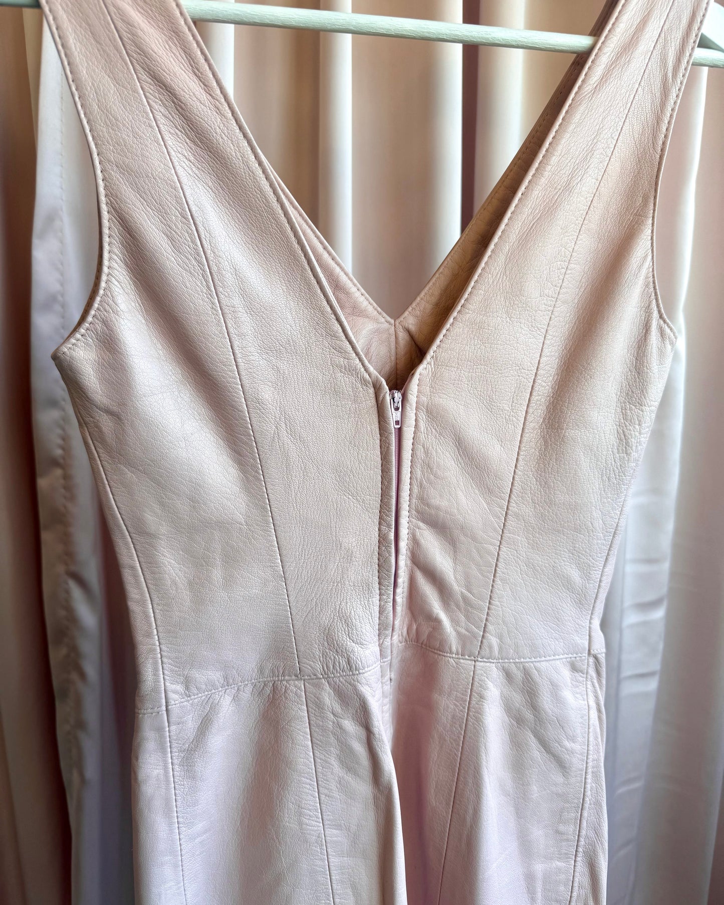 Canadian Made Baby Pink Genuine Leather V-Neck Bodycon Dress