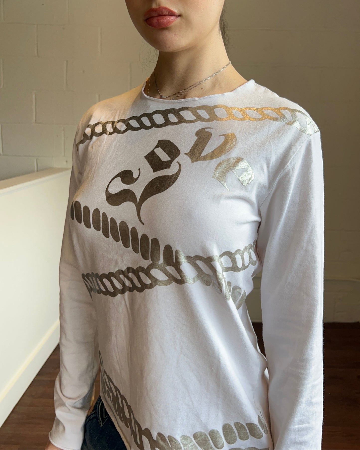 French Designer Silver Graphic Long Sleeve Top