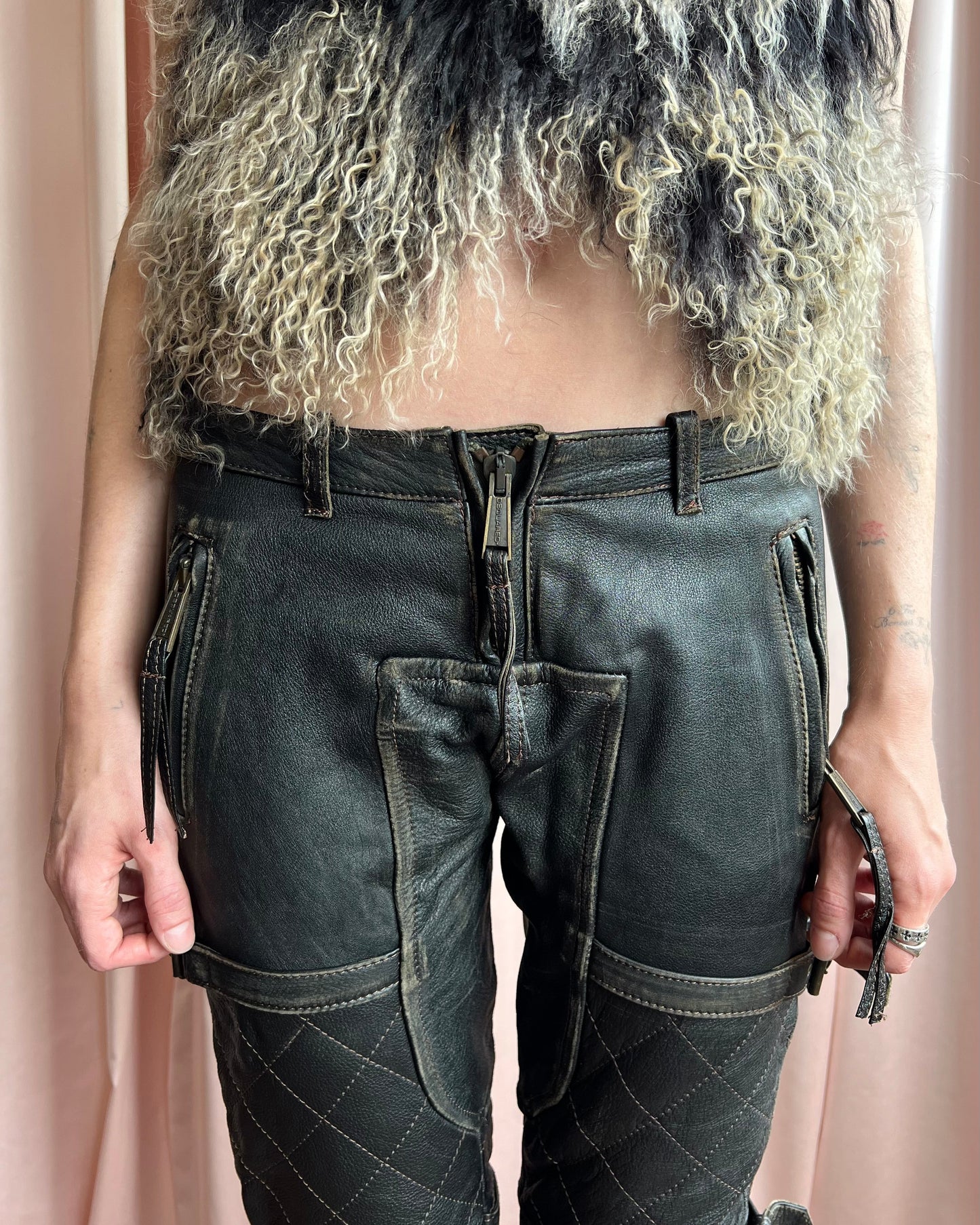 Dsquared² F/W 2005 Lamb Fur Accent Faded Leather Biker Pants