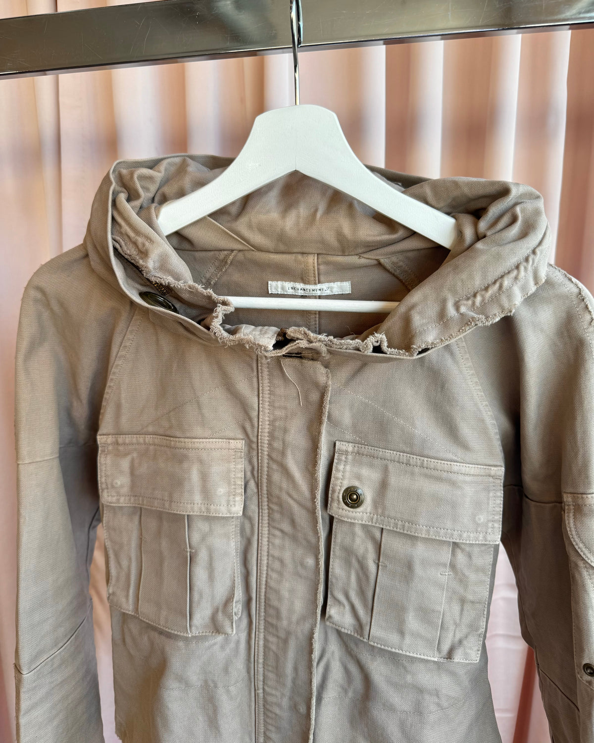 Japanese Brand Khaki Collapsible Zip Hood Wide Neck Cargo Jacket
