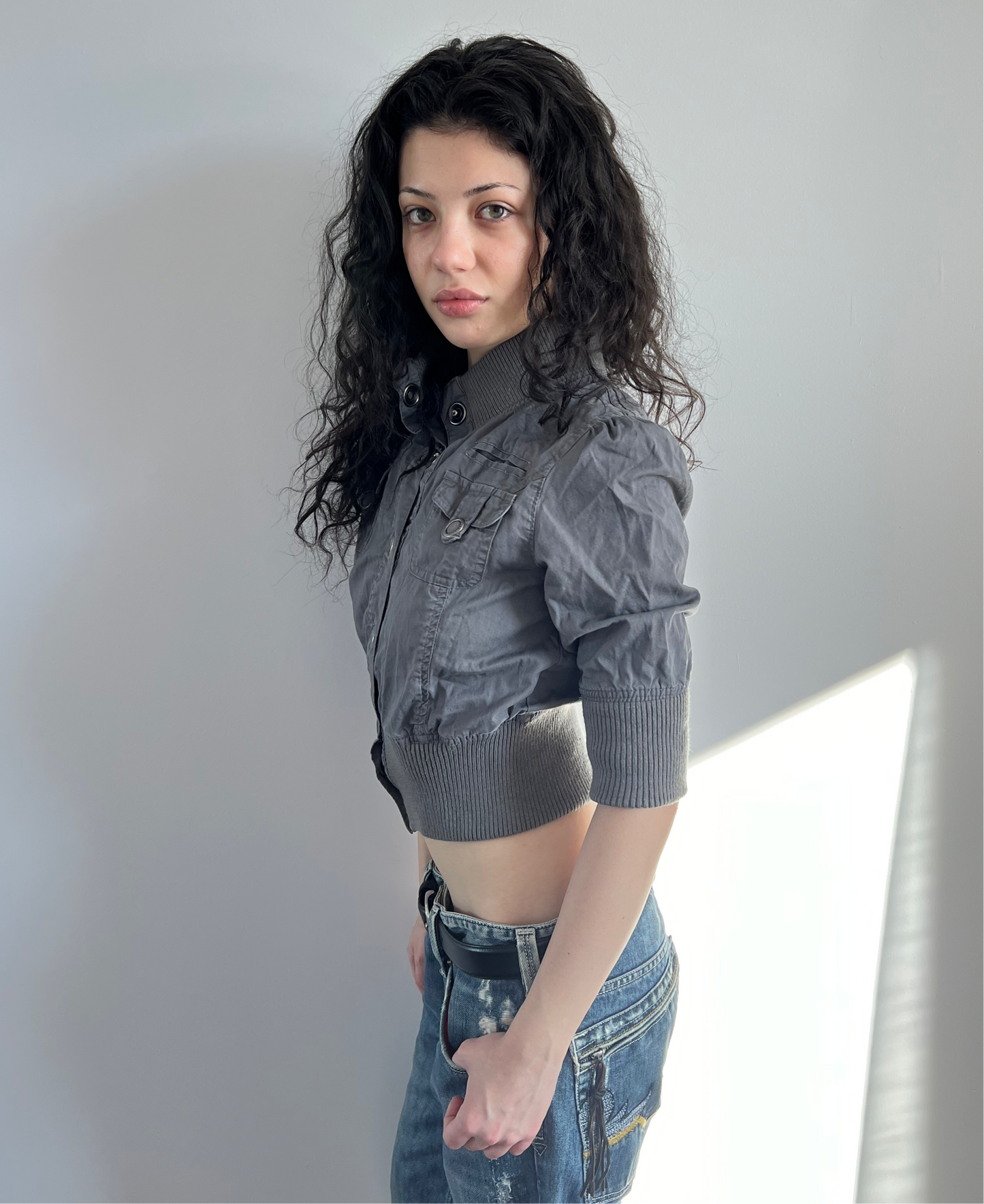 Grey Cropped Button Up Cargo Top