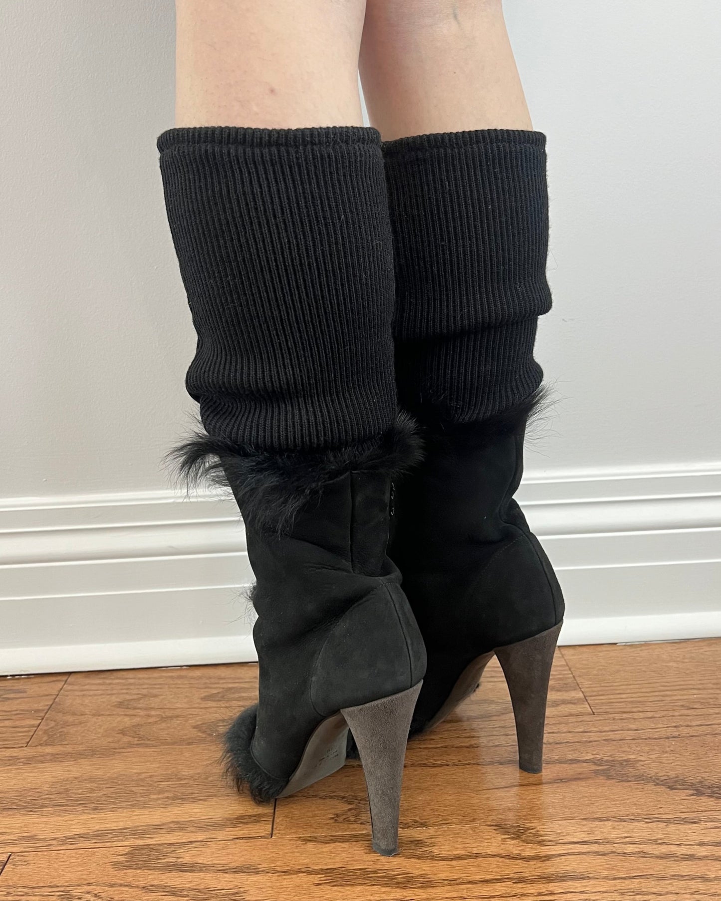 Genuine Fur & Suede Peep Toe Heeled Boots