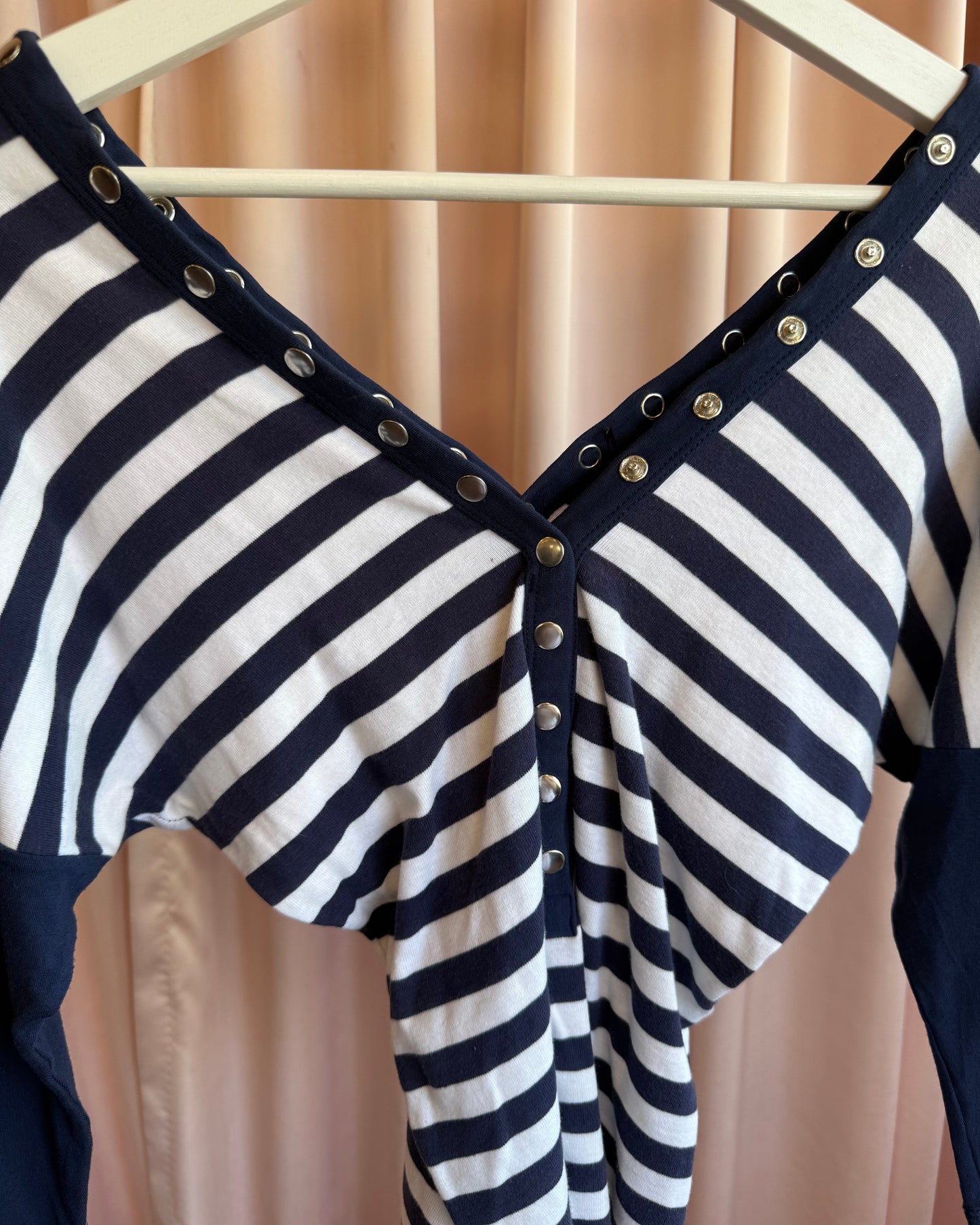 Navy & White Striped Snap Button Long Sleeve Top