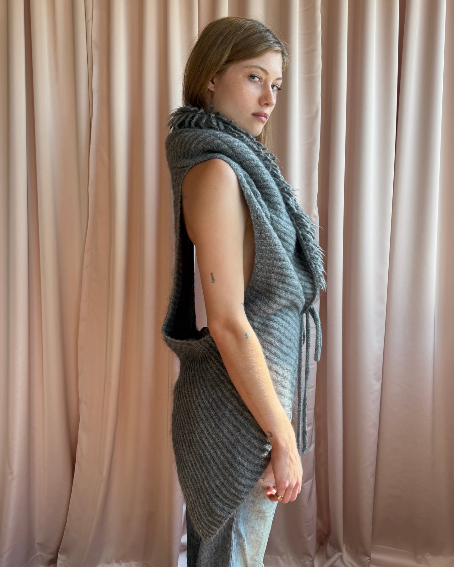 Italian Made Grey Wool Shaggy Collar Knit Vest