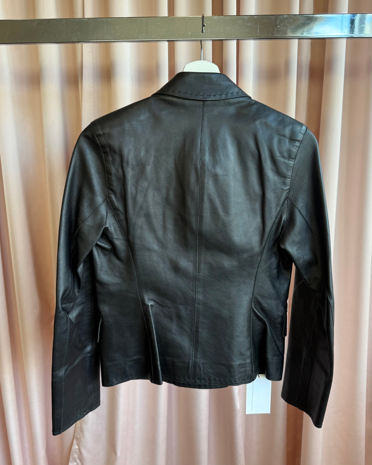 Italian Designer 1990's Black Leather Double Breasted Jacket