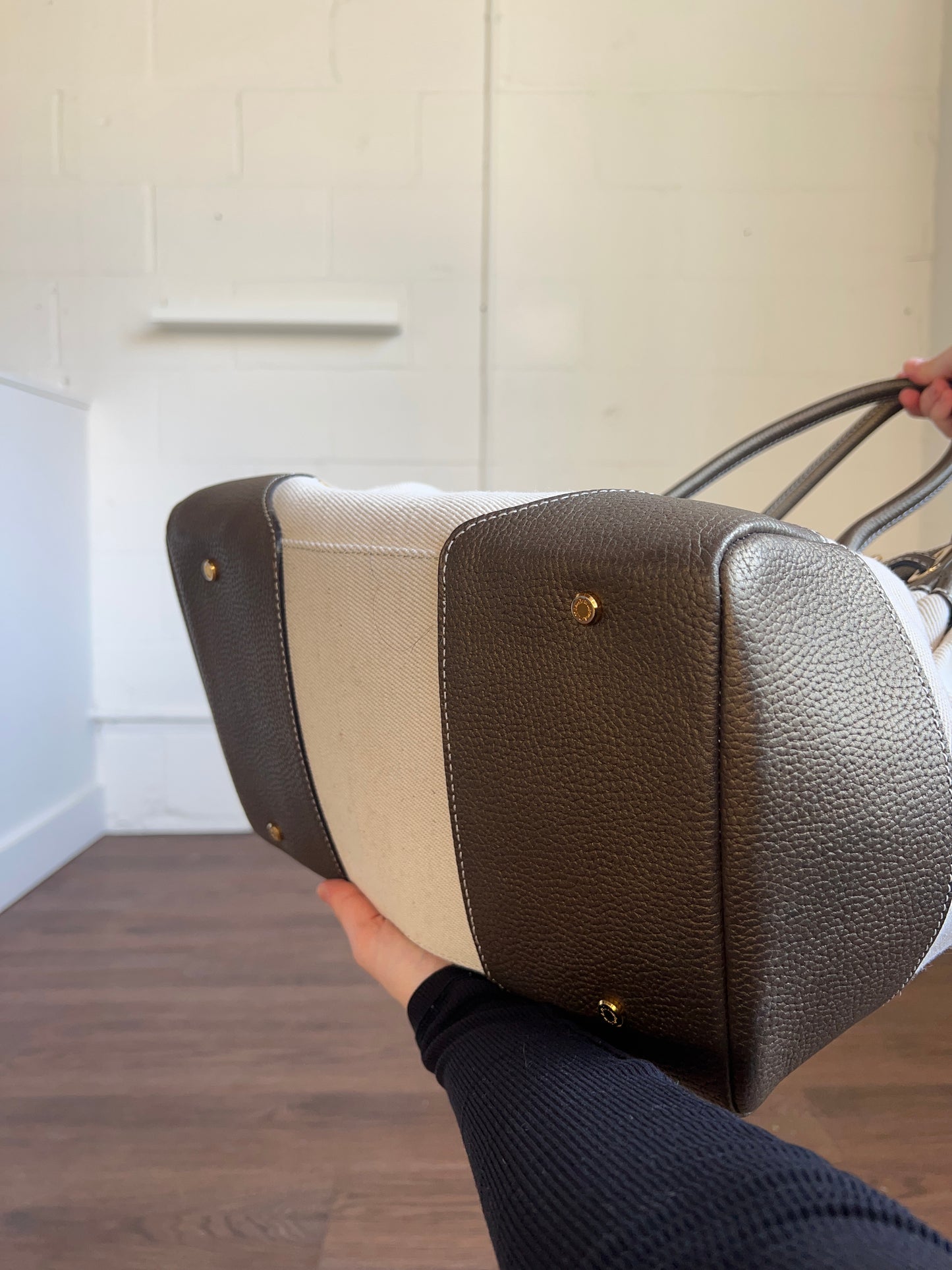 “Firkin” Patched Canvas & Leather Handbag