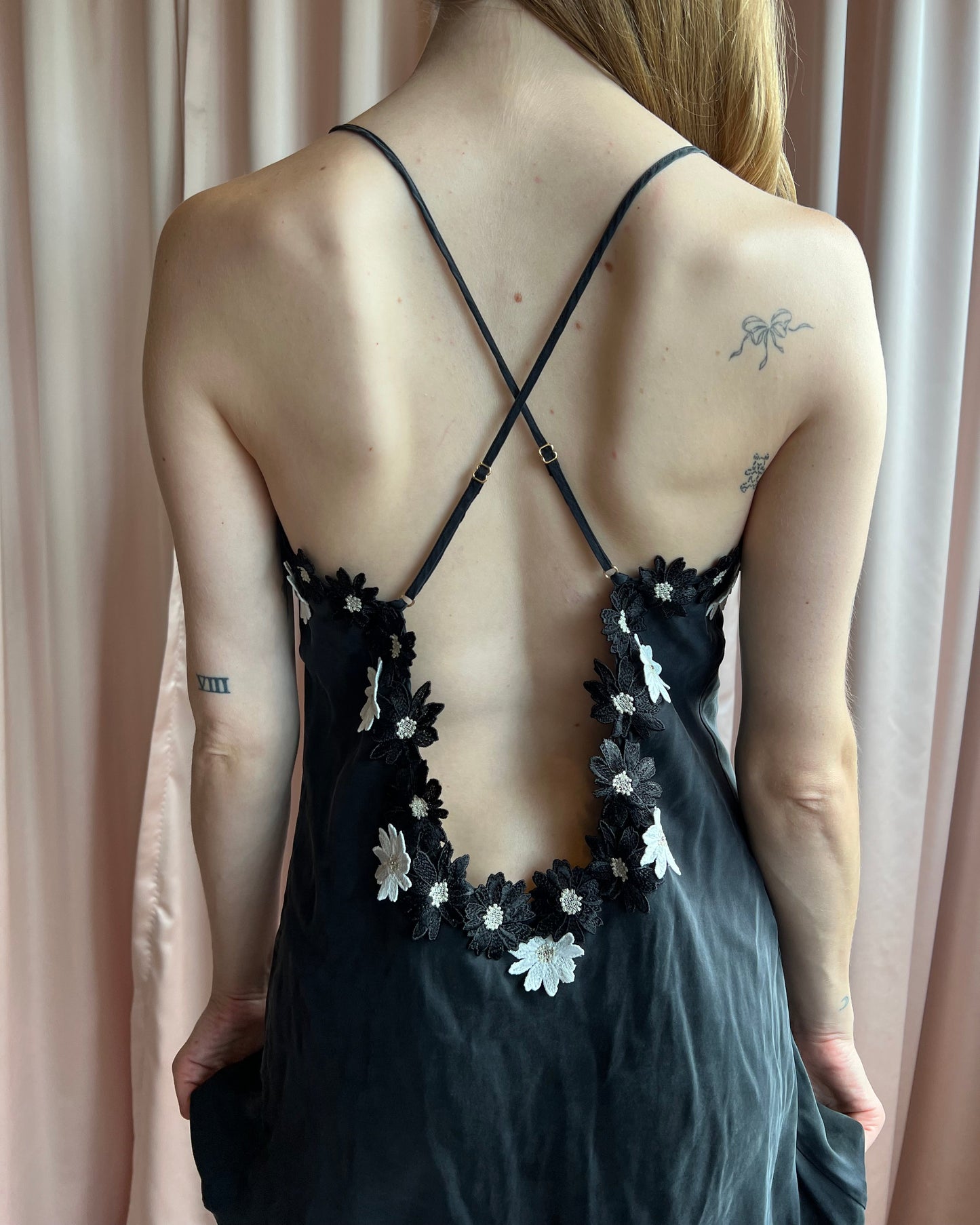 Floral Appliqué Black Silk Slip Dress