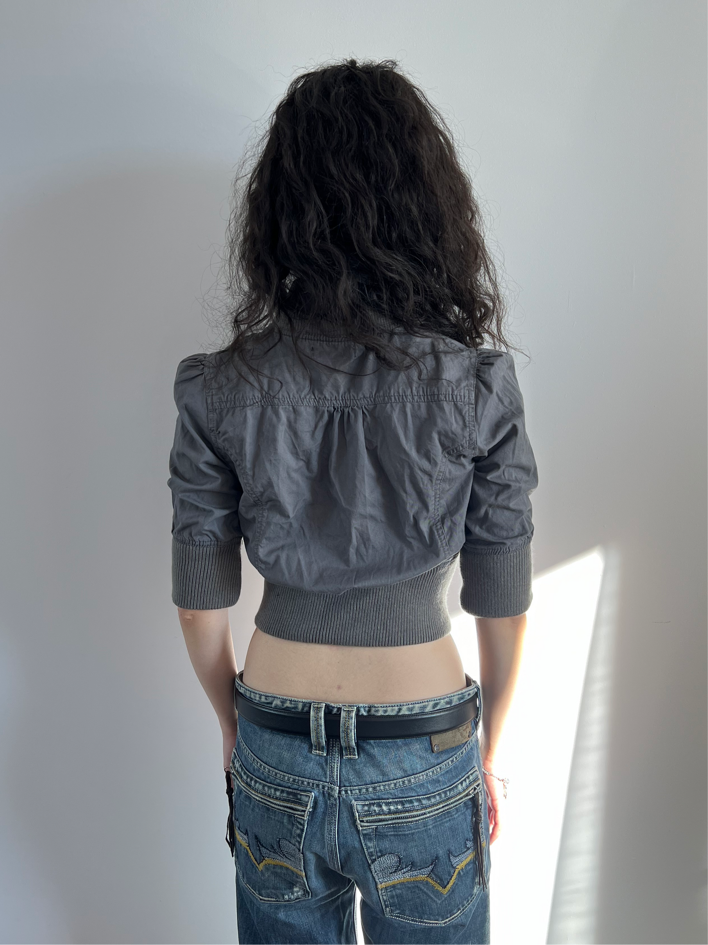 Grey Cropped Button Up Cargo Top