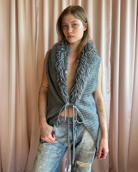 Italian Made Grey Wool Shaggy Collar Knit Vest