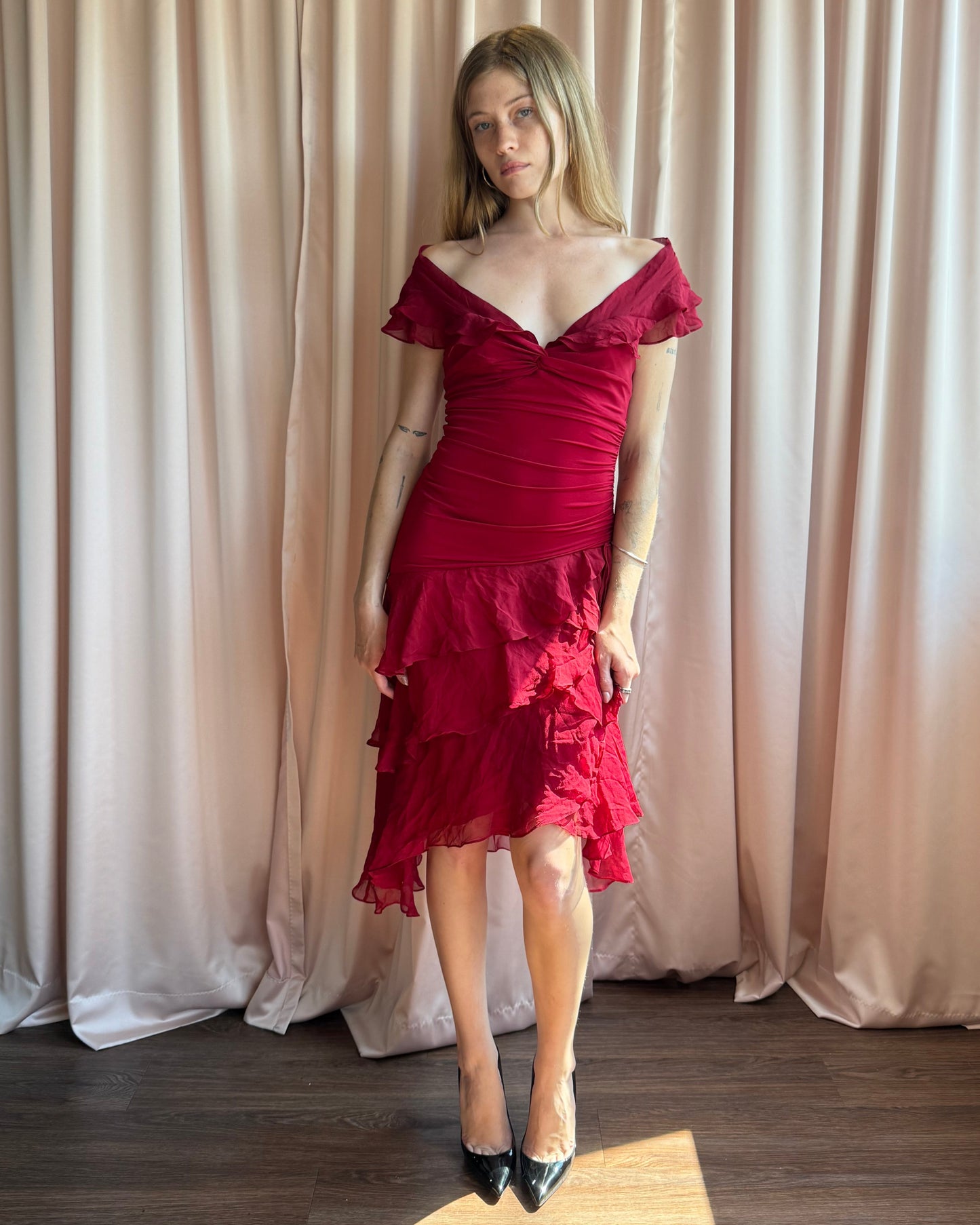 BCBGMaxazria Red Silk Ruffle Off The Shoulder Dress