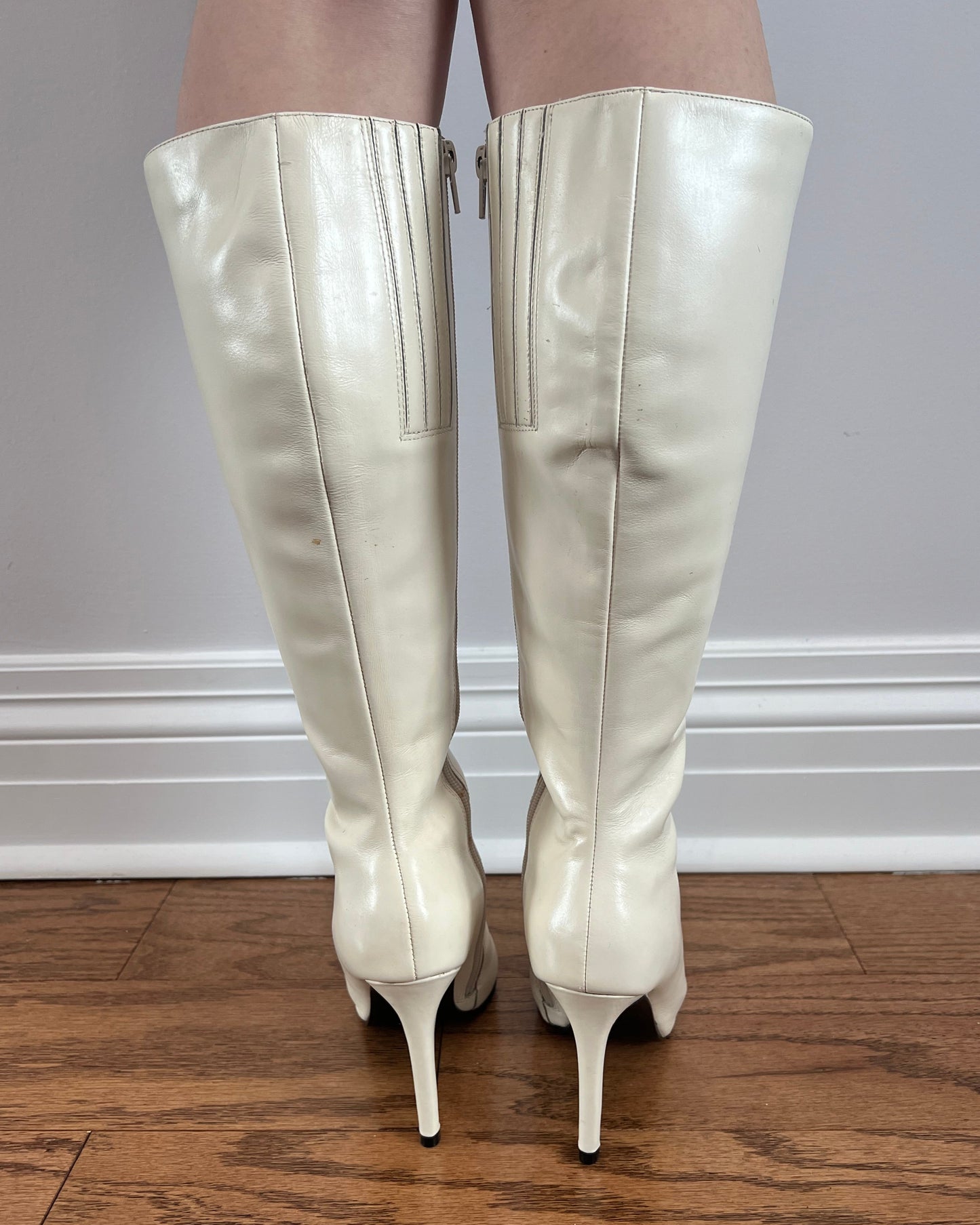White Genuine Leather Pointed Toe Stiletto Boots