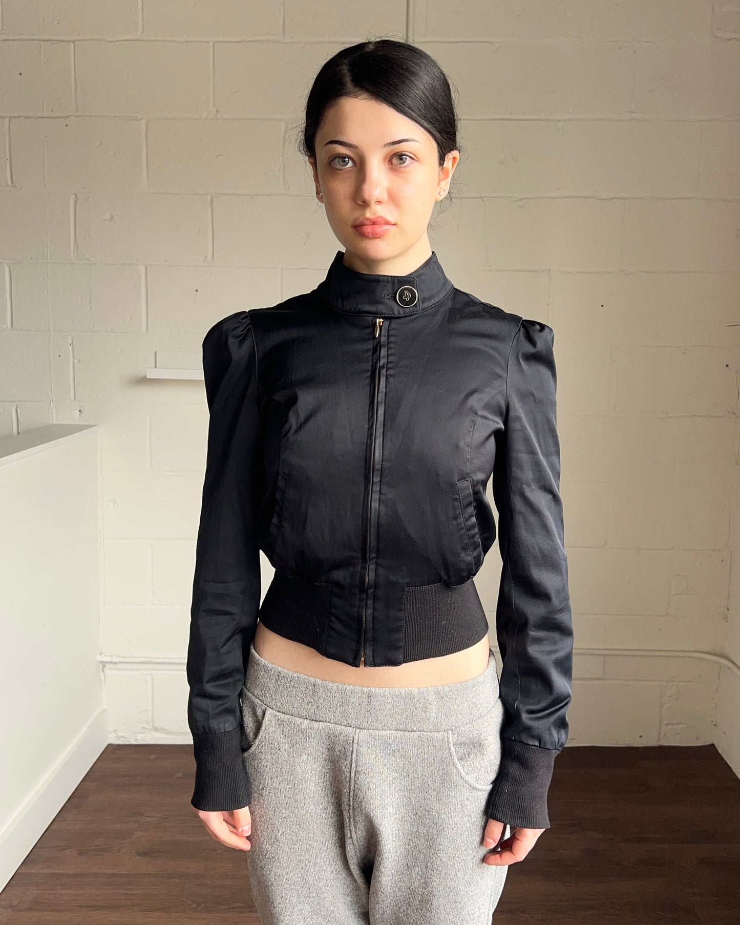 Black Cropped Puff Sleeve Zip Up Jacket