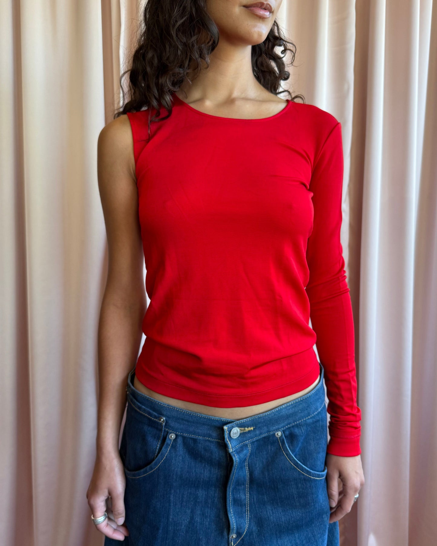 Helmut Lang Asymmetrical Single Sleeve Red Top