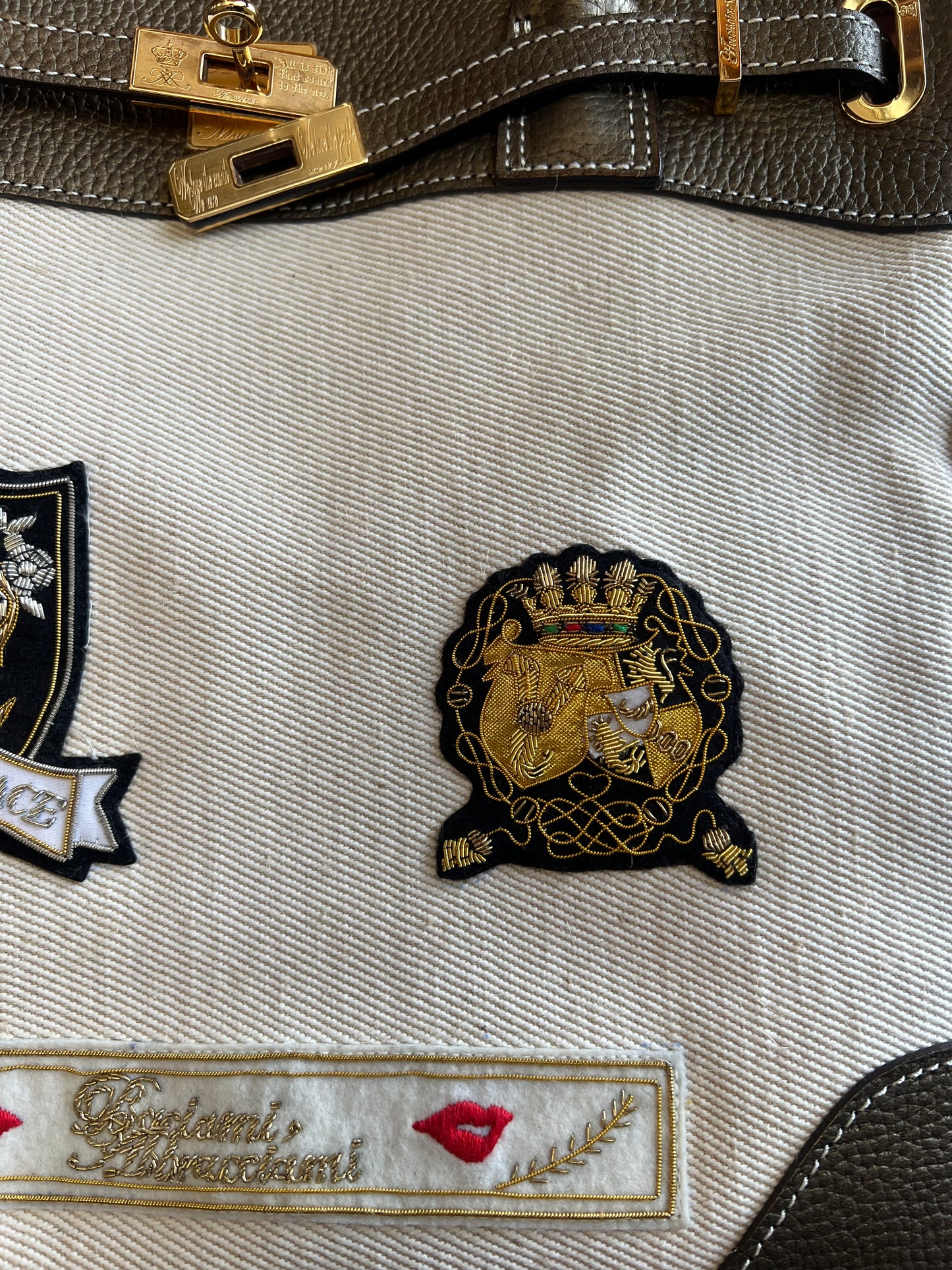 “Firkin” Patched Canvas & Leather Handbag