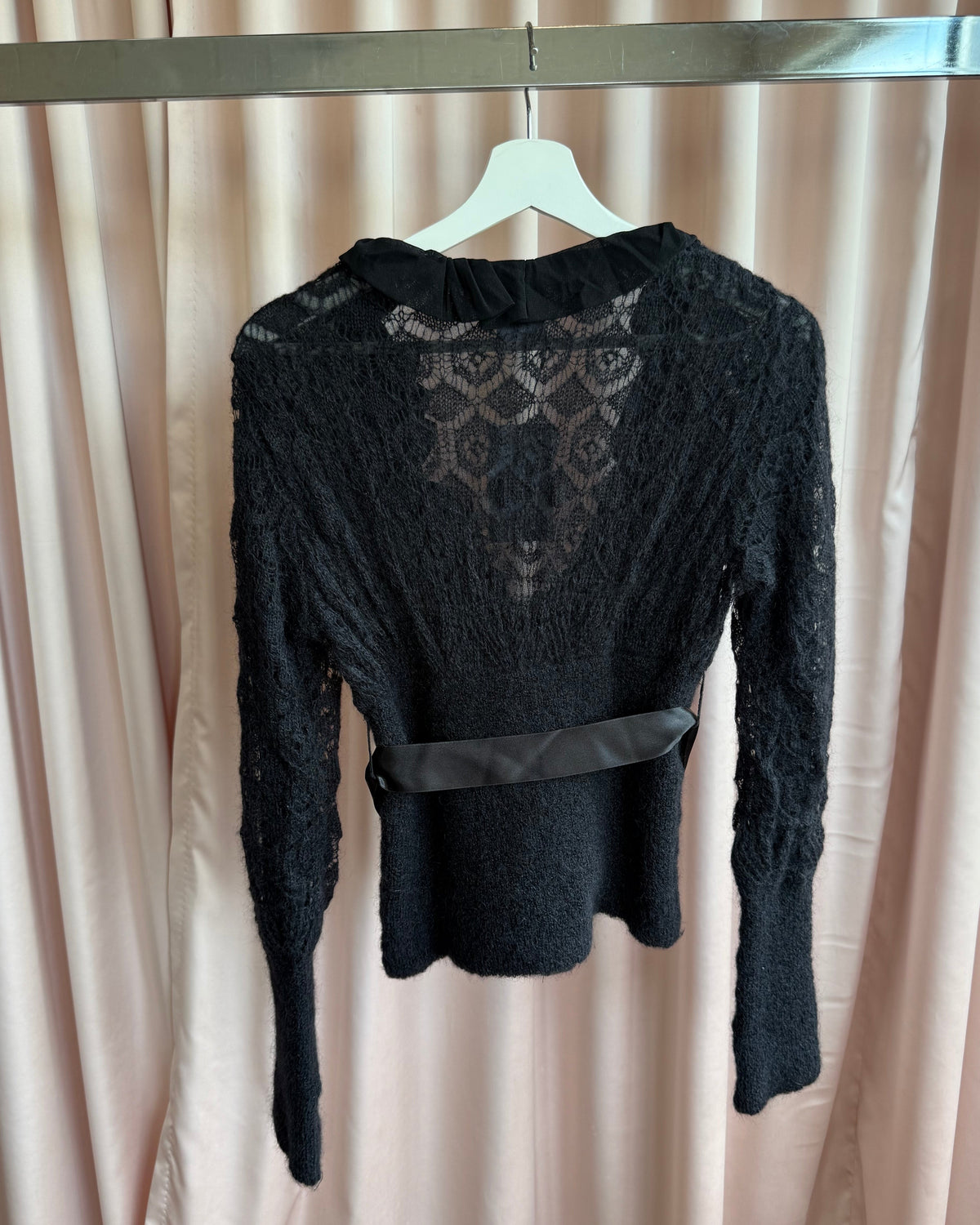 Italian Designer Black Mohair Mesh Bow Belt Cardigan Top