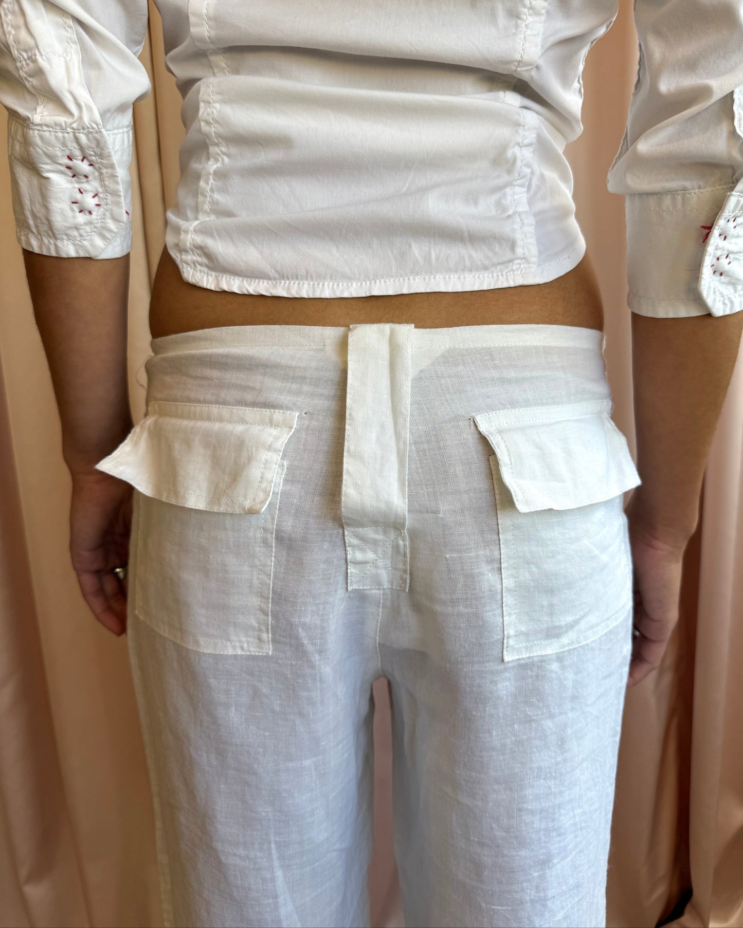 Belted Fishnet Lightweight White Cotton Trousers