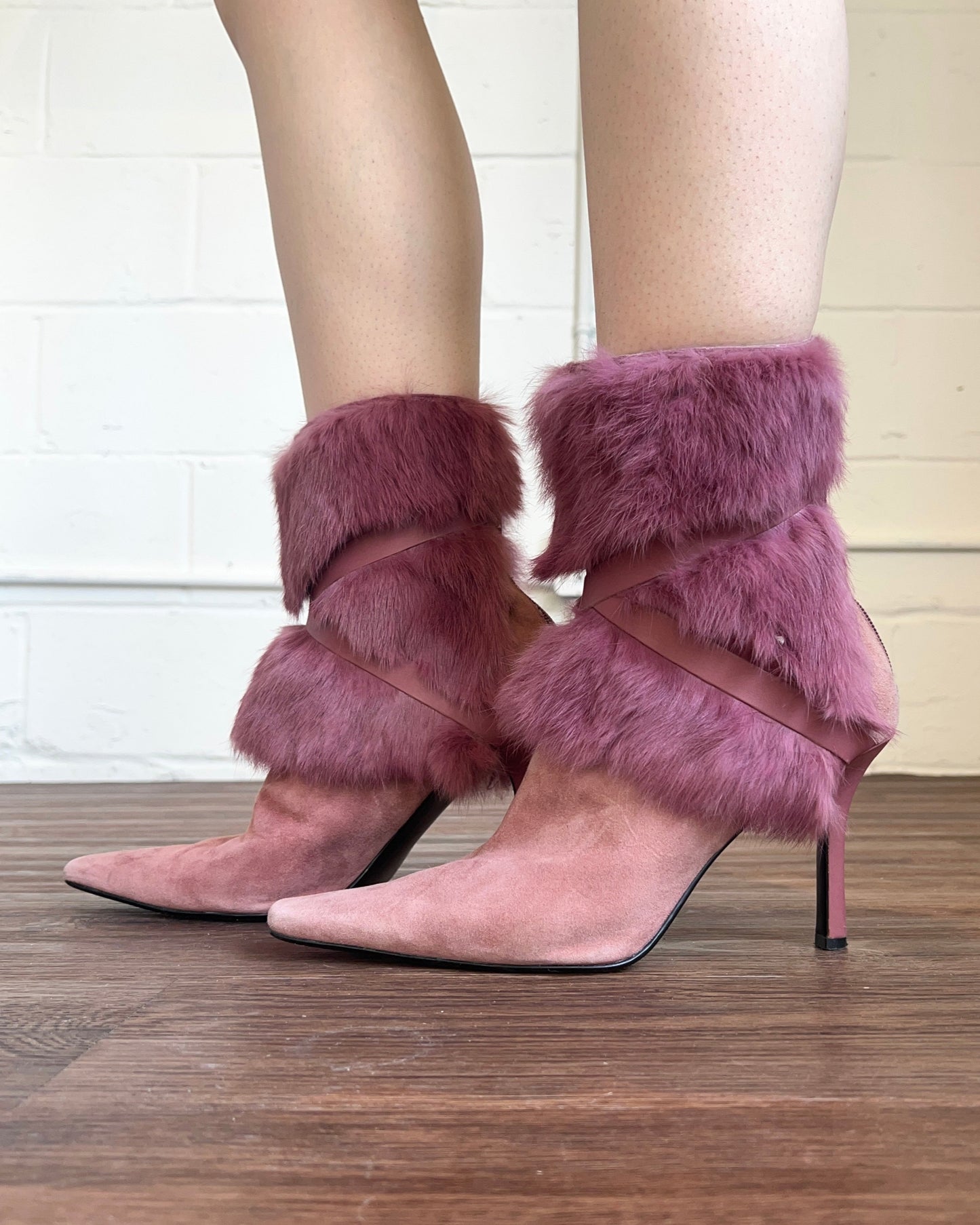 Furry Pink Suede Pointed Toe Heeled Boots