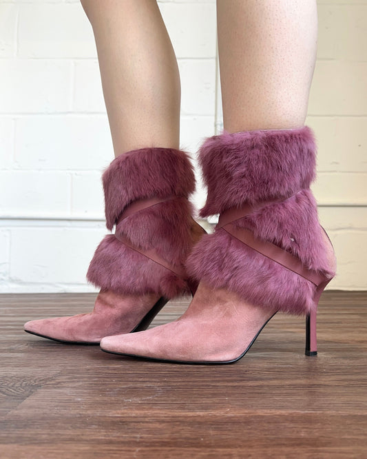 Furry Pink Suede Pointed Toe Heeled Boots