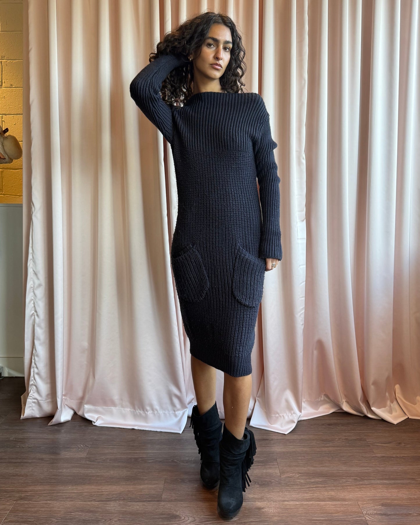 Italian Designer Navy Off The Shoulder Long Sleeve Knit Dress