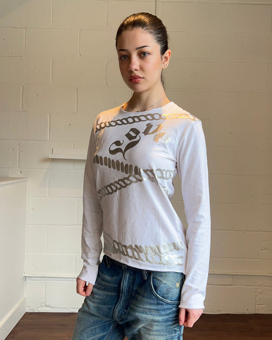 French Designer Silver Graphic Long Sleeve Top